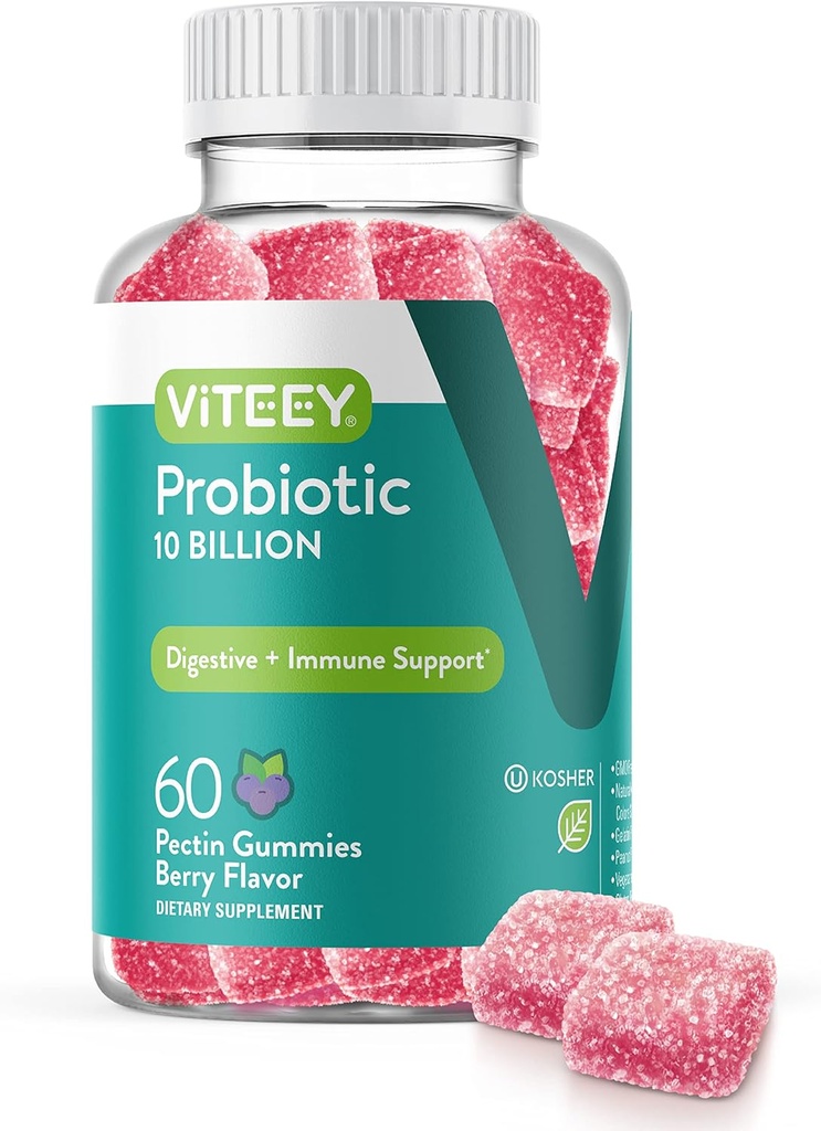 Viteey Probiotic Gummies for Women, Men, & Teens - Maximum Strength 10 Billion Cells - Probiotics for Digestive Health, Immune Support - Vegetarian, Gelatin Free, GMO Free - Chewable Berry Flavored 2