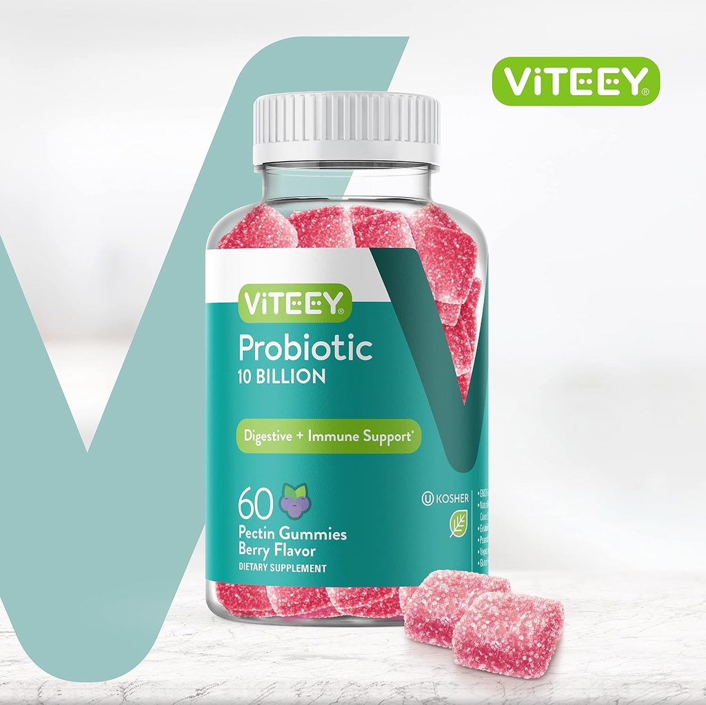Viteey Probiotic Gummies for Women, Men, & Teens - Maximum Strength 10 Billion Cells - Probiotics for Digestive Health, Immune Support - Vegetarian, Gelatin Free, GMO Free - Chewable Berry Flavored 3