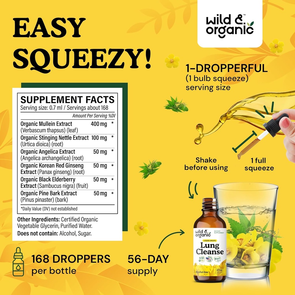 Wild & Organic Lung Cleanse Detox Tincture - Mullein Drops for Lungs - Herbal Mullein Extract Supplement - Vegan, Alcohol-Free Drops - 4 fl oz 4