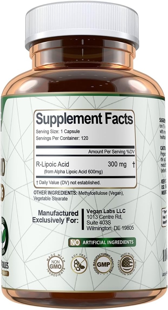 Vegan Labs R-Lipoic Acid 300MG, 120 Vegan Capsules- Supports Cellular Energy and Antioxidant Protection- Gluten Free, Non-GMO, Stabilized R-ALA Supplement- 4 Month Supply 4