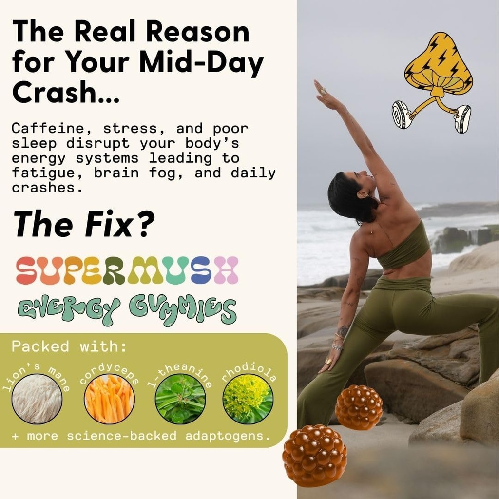 Energy Mushroom Gummies - Organic Lions Mane Supplement with Cordyceps, Rhodiola, L-Theanine, Maca - Vegan & Sugar-Free - Energy, Focus, Stamina, Stress Reduction - 60 Gummies (30 Servings) 4