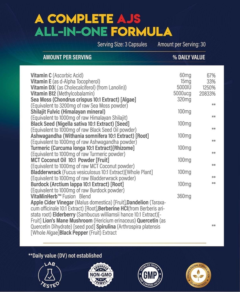 AJS Sea Moss Capsules 3200mg, Himalayan Shilajit 1000mg with Black Seed Oil, Ashwagandha, Turmeric, Bladderwrack, Burdock, Vitamins, Berberine, Lion’s Mane Mushroom, Elderberry- 90 Caps 5