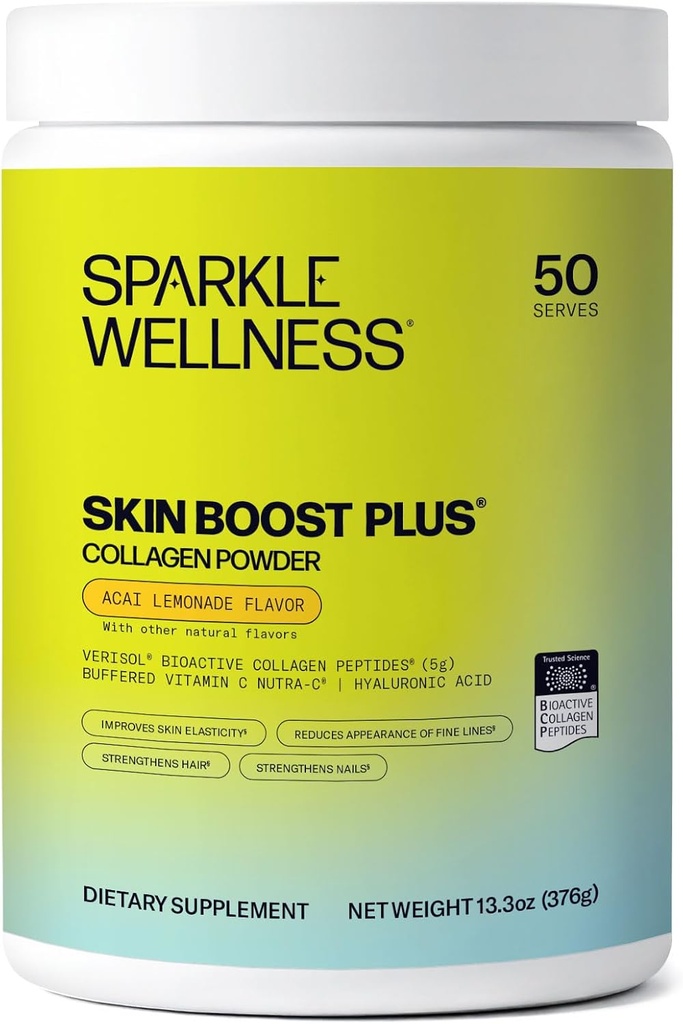 Sparkle Wellness VERISOL Bioactive Hydrolyzed Collagen Peptides | Collagen Powder with Vitamin C & Hyaluronic Acid for Hair, Skin, and Nail Health | Skin Boost Plus (Acai Lemonade) [50-Serves] 2