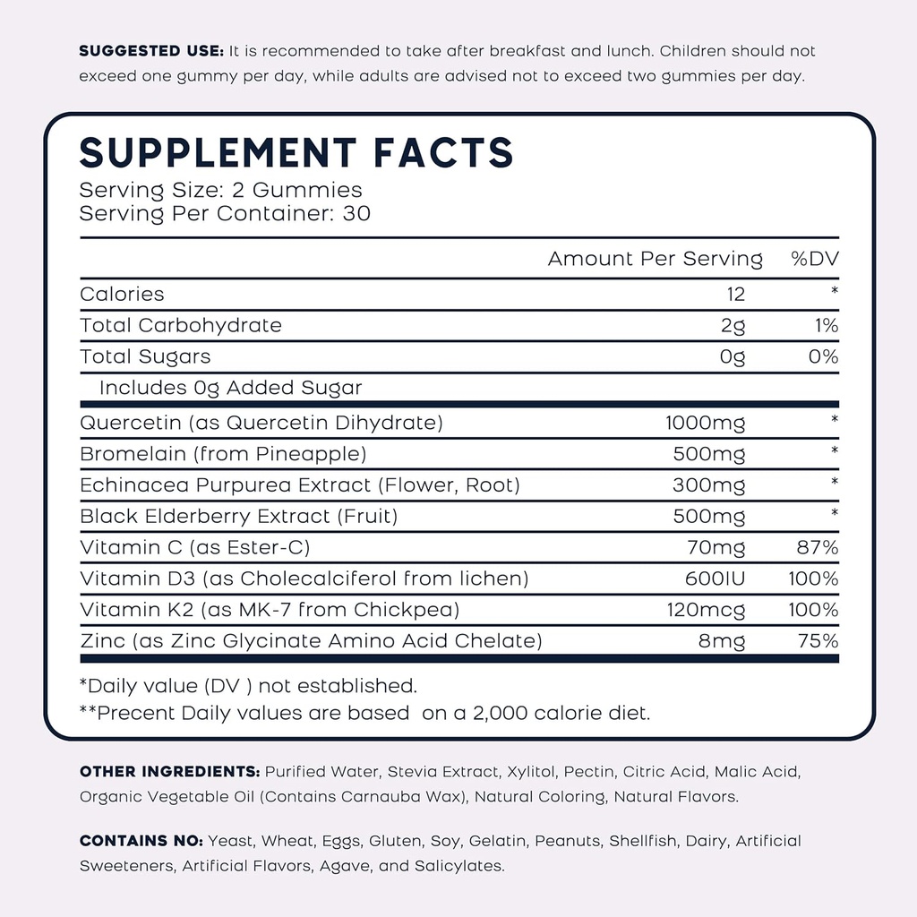 (2 Pack) Quercetin Gummies with Bromelain Zinc Elderberry Vitamin C D3 K2, Quercetin 1000mg Supplement with Bromelain 500mg for Cardiovascular, Immune System & Allergy, Vegan Gummy for Adult & Kid 5