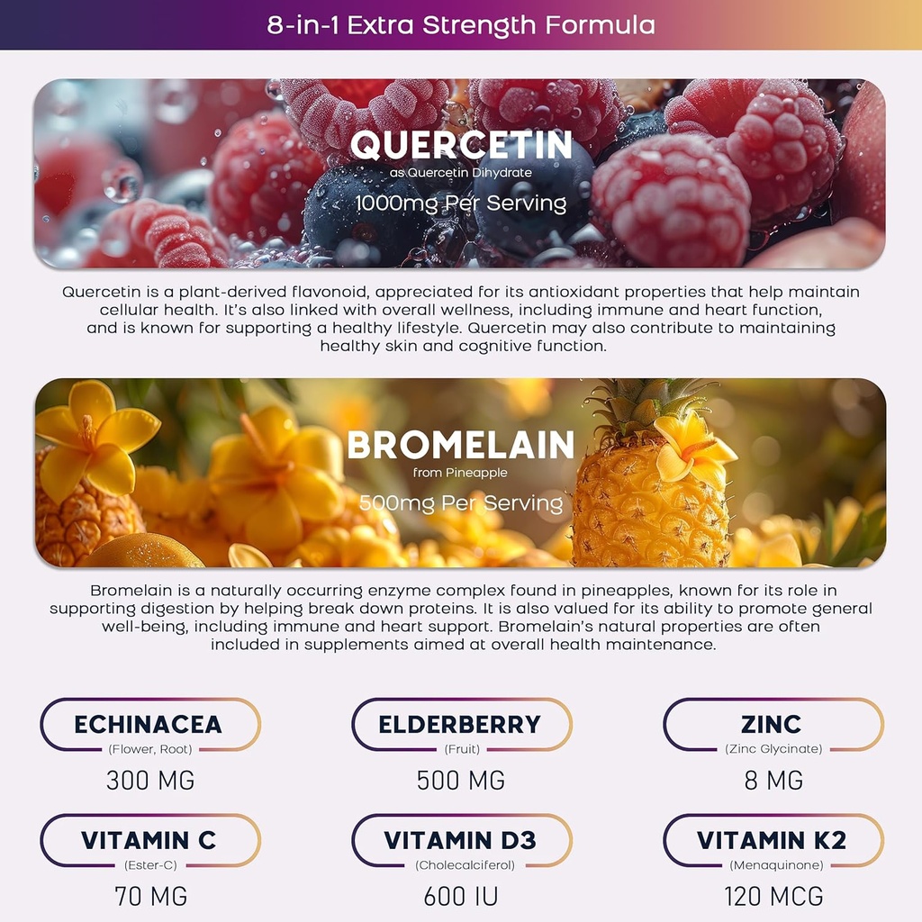 (2 Pack) Quercetin Gummies with Bromelain Zinc Elderberry Vitamin C D3 K2, Quercetin 1000mg Supplement with Bromelain 500mg for Cardiovascular, Immune System & Allergy, Vegan Gummy for Adult & Kid 6