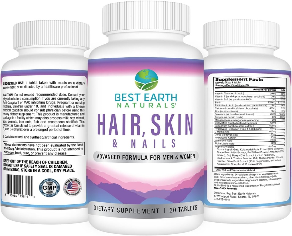Best Earth Naturals Hair, Skin and Nails Supplement with Biotin, Collagen, Vitamins for Healthy Hair, Glowing Skin, Strong Nails 3