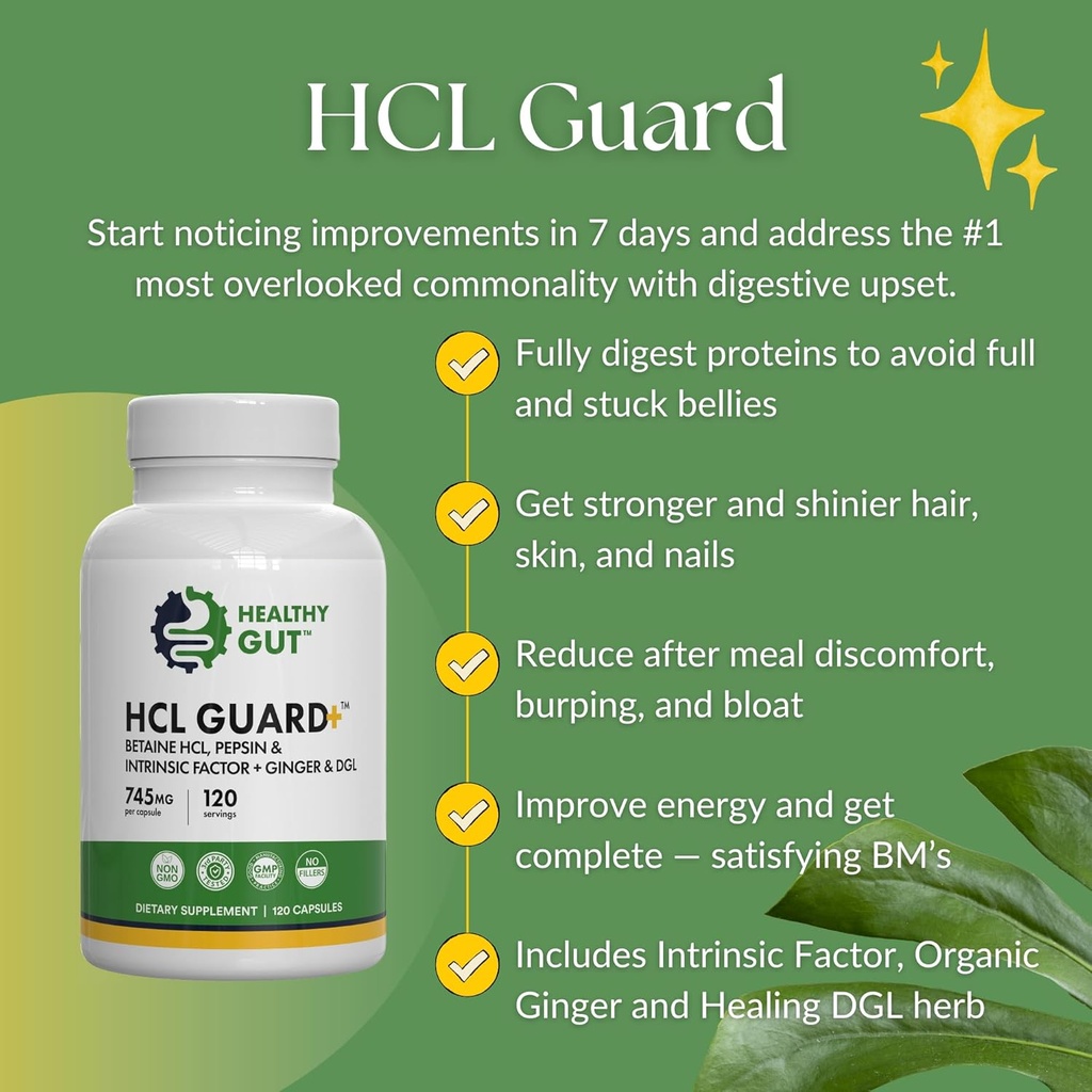 Healthy Gut HCL Guard+ | Promotes Healthy Digestive Function | Betaine Hydrochloride, Organic Ginger Root, DGL, and Pepsin | 60 Servings 5