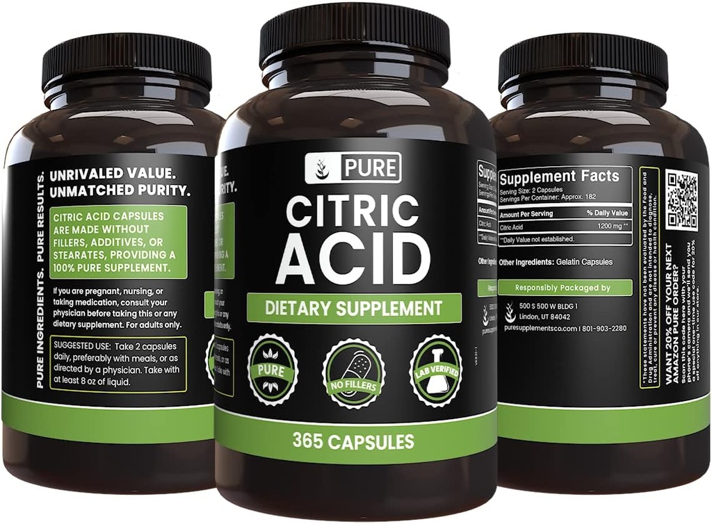 Pure Original Ingredients Citric Acid (365 Capsules) No Magnesium Or Rice Fillers, Always Pure, Lab Verified 3