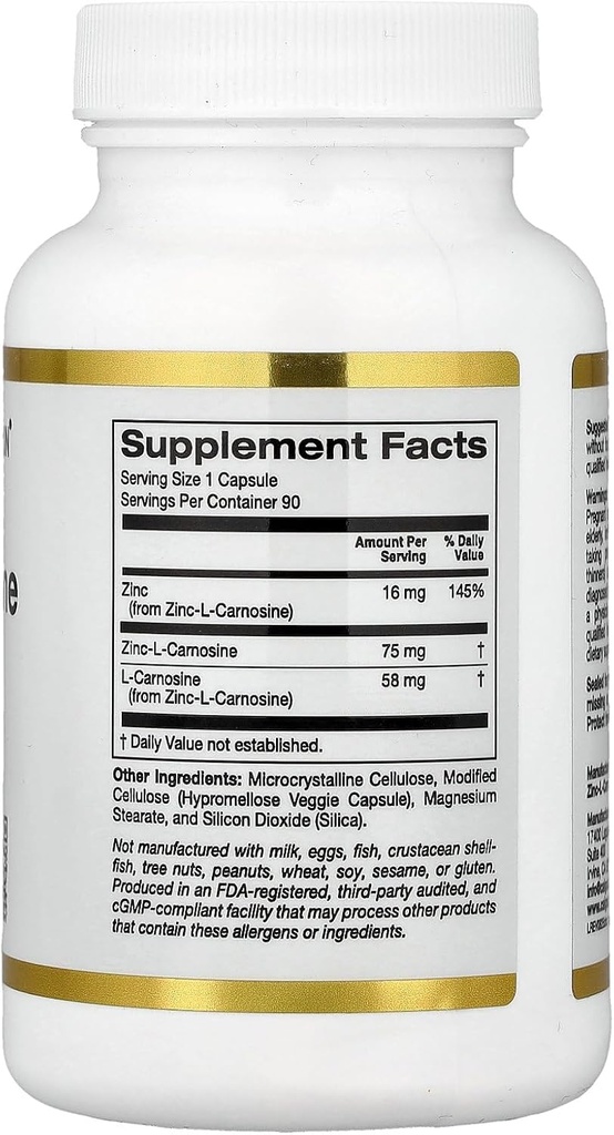 California Gold Nutrition Zinc-L-Carnosine Complex, 90 Veggie Caps 3