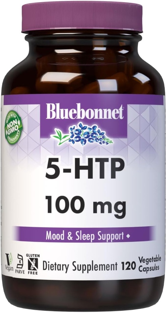 Bluebonnet Nutrition 5-HTP(Hydroxytrypophan) 100mg, for Neurotransmitter Support*, Supports Positive Mood*, Soy-Free, Gluten-Free, Non-GMO, Kosher Certified, Vegan, White,120 Vegetable Capsule 2