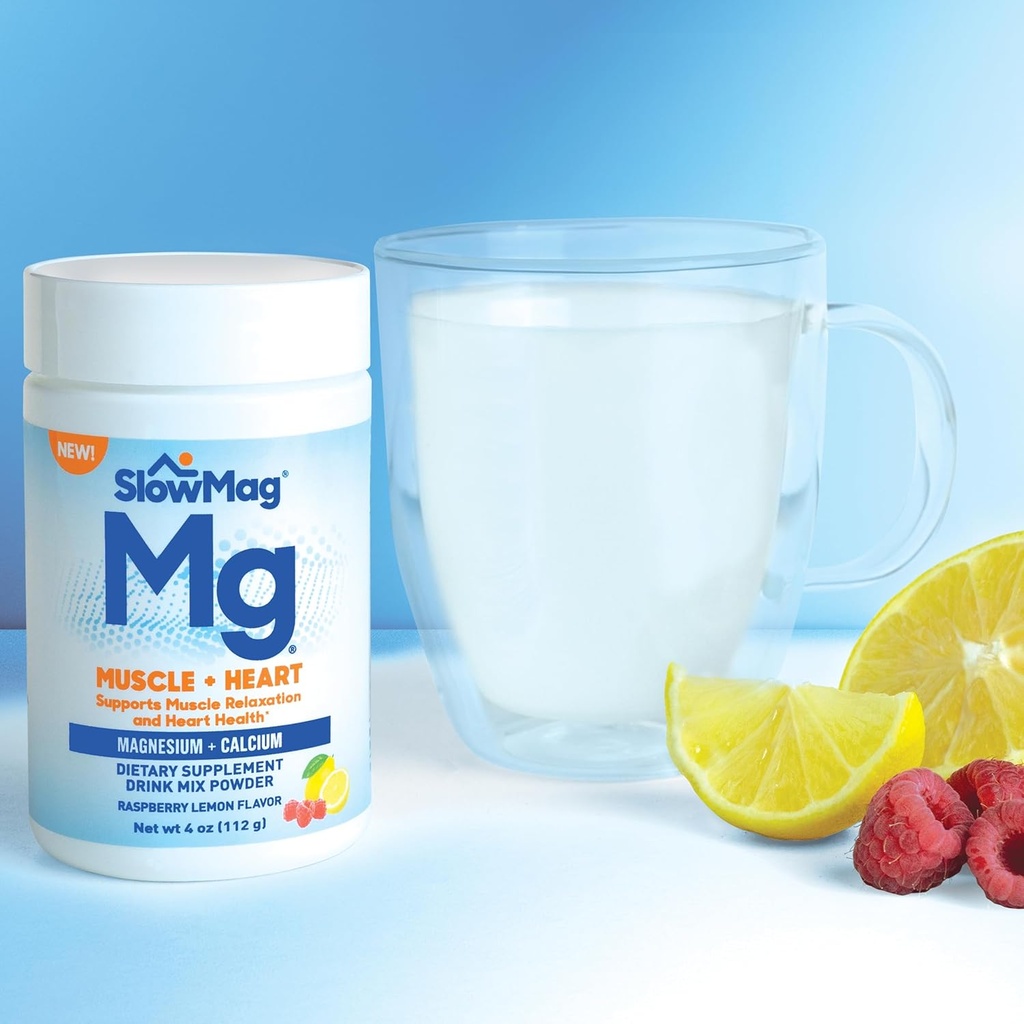 SlowMag® Magnesium Powder, Magnesium + Calcium Supplement Drink Mix, Raspberry Lemon Flavor, Supports Muscle Relaxation & Heart Health, 4oz 4