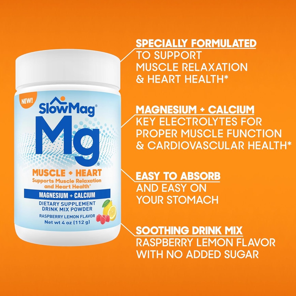SlowMag® Magnesium Powder, Magnesium + Calcium Supplement Drink Mix, Raspberry Lemon Flavor, Supports Muscle Relaxation & Heart Health, 4oz 6