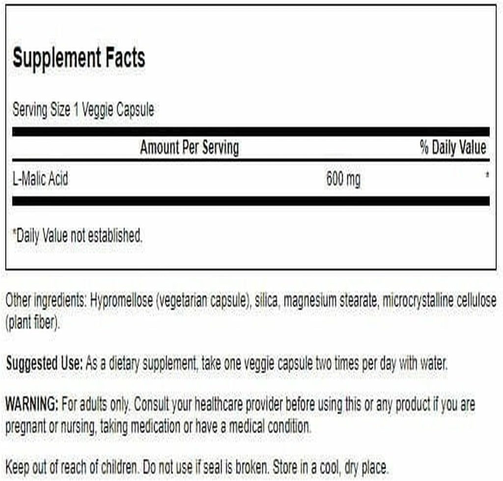 Swanson Malic Acid - Natural Supplement Promoting Cellular Energy Production - Supplement Formula to Help Nourish & Energizes Muscles - (100 Veggie Capsules, 600mg Each) 3