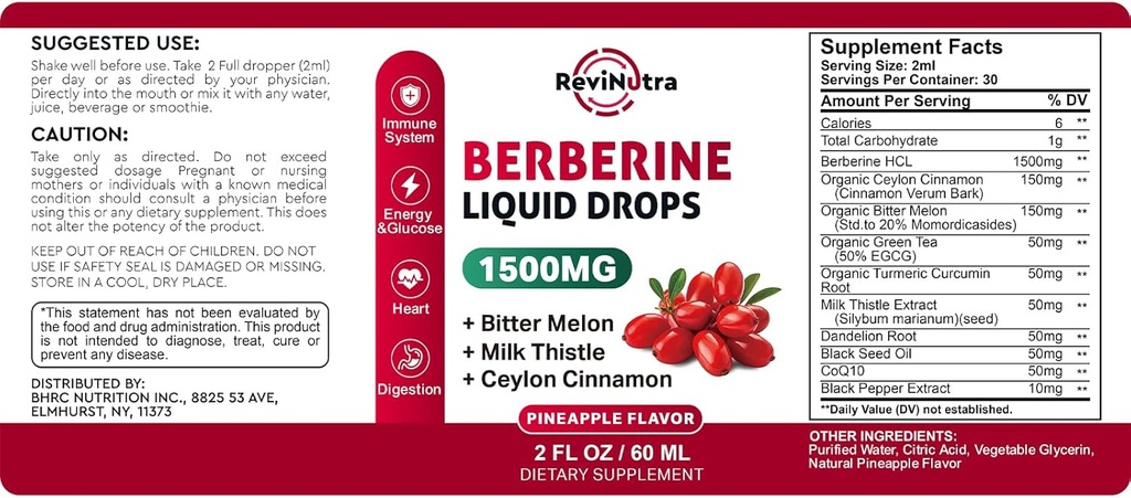 Berberine HCL Liquid Drops, 1500mg Berberine Supplement with Ceylon Cinnamon, Bitter Melon, Milk Thistle for Immune, Digestion System & Heart Health, 2 Fl Oz, Sugar-Free Pineapple Flavor 4