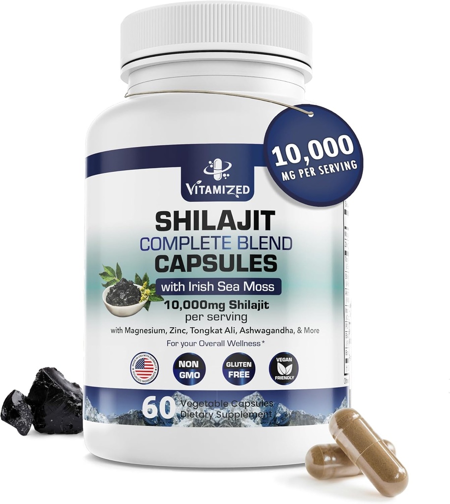 Pure Himalayan Shilajit for Men & Women - 10,000mg Shilajit Ashwagandha Supplements + Irish Sea Moss, Tongkat Ali, PQQ & More - 60 Capsules 2