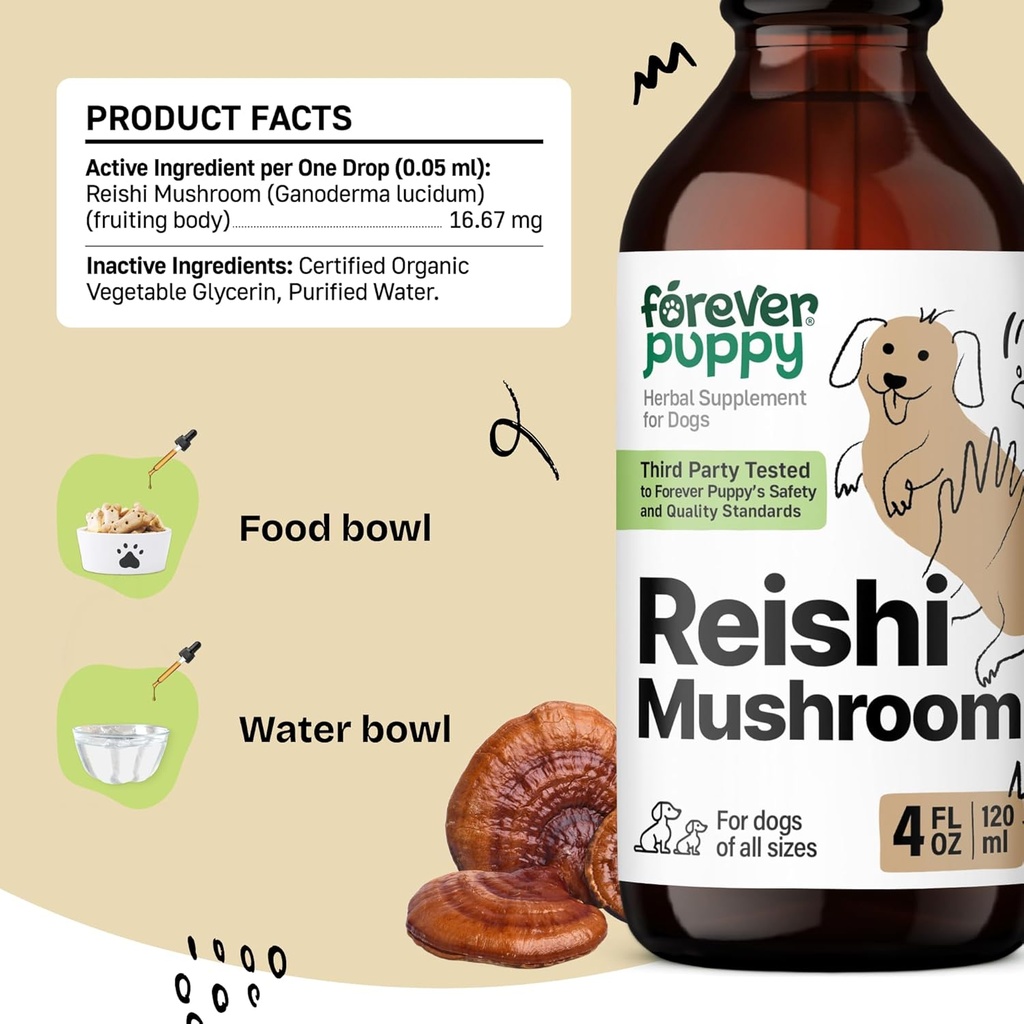 Forever Puppy Red Reishi Mushroom Tincture for Dogs - Immune Support Supplement - Mushroom Drops w/Reishi Extract - Liquid Vitamins and Supplements - All Breeds & Sizes - Sugar & Alcohol-Free - 4 oz 4