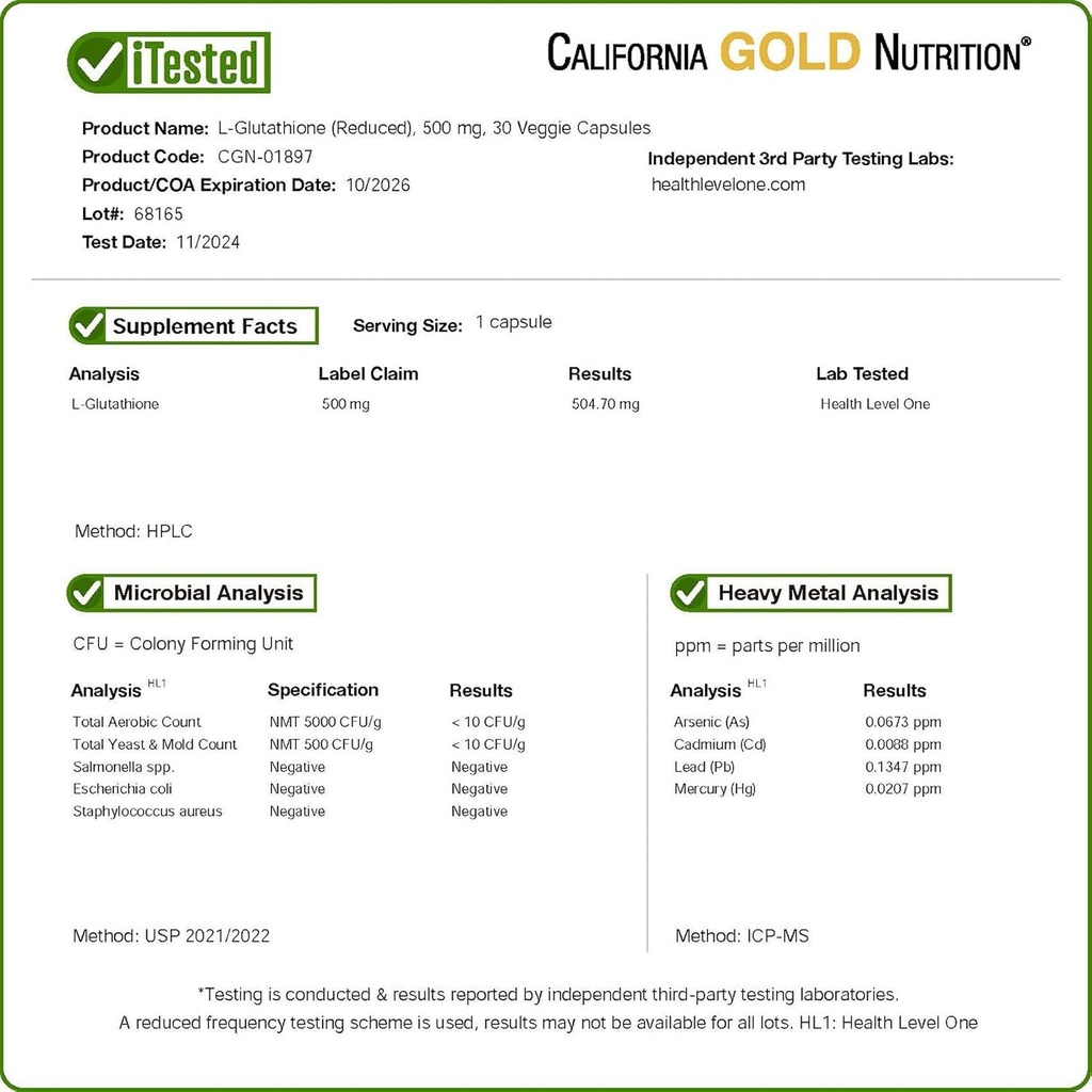 California Gold Nutrition L-Glutathione (Reduced), 500 mg, 30 Veggie Capsules 5