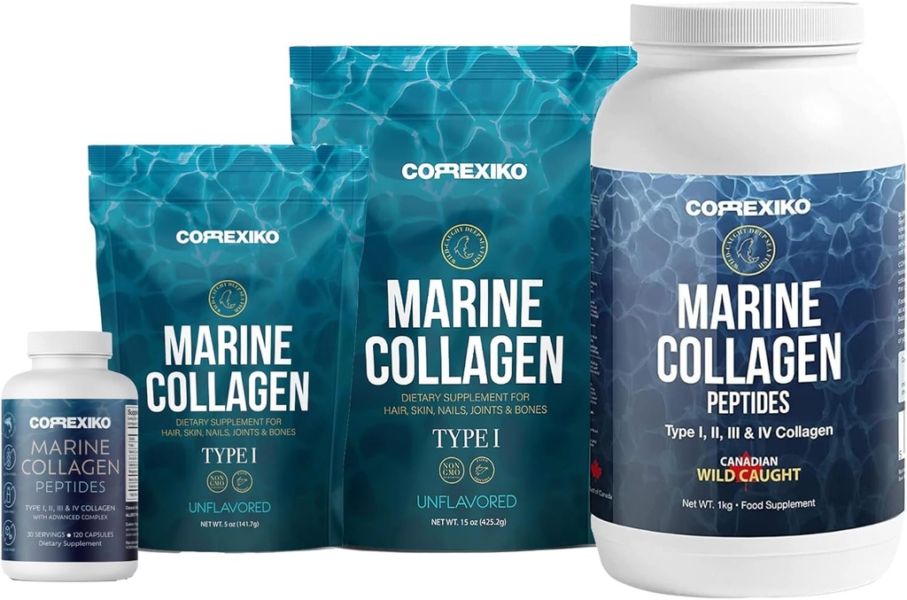 CORREXIKO Marine Collagen Supplement Pills & Powder Bundle - Includes 10,000mg Double Hydrolyzed Collagen Powder 1kg, 15 oz & 5oz and 1800mg Collagen Peptides 120 Capsules - for Hair, Skin & Nails 2