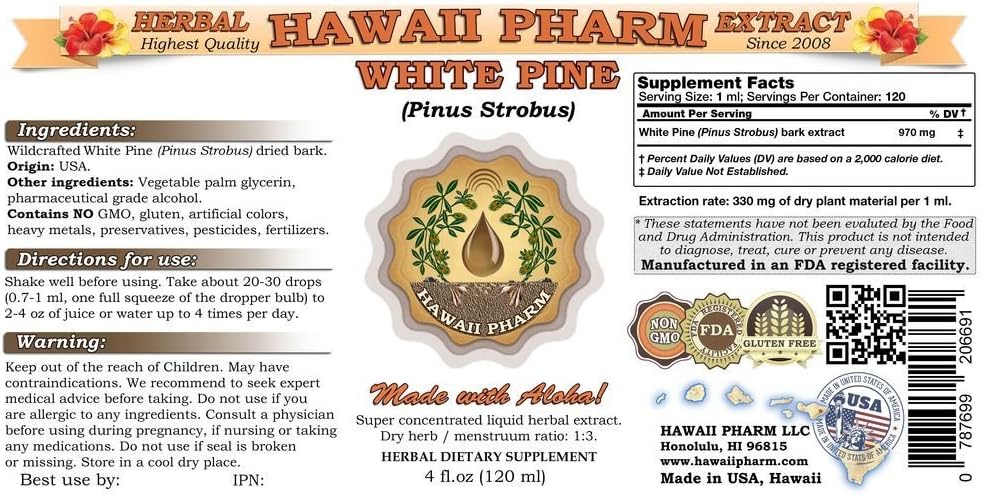 White Pine Liquid Extract, White Pine (Pinus Strobus) Bark Powder Tincture, Herbal Supplement, Hawaii Pharm, Made in USA, 32 fl.oz 3