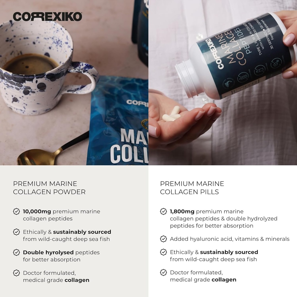 CORREXIKO Marine Collagen Supplement Pills & Powder Bundle - Includes 10,000mg Double Hydrolyzed Collagen Powder 1kg, 15 oz & 5oz and 1800mg Collagen Peptides 120 Capsules - for Hair, Skin & Nails 6