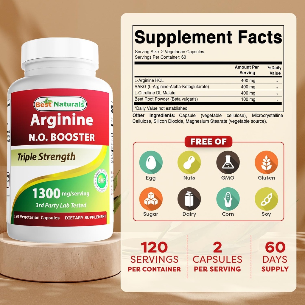 Best Naturals L-Arginine NO Booster Triple Strength 1300 mg Serving 120 Veg Capsules - Made with L-Arginine, AAKG, L-Citrulline, Beet Powder 3