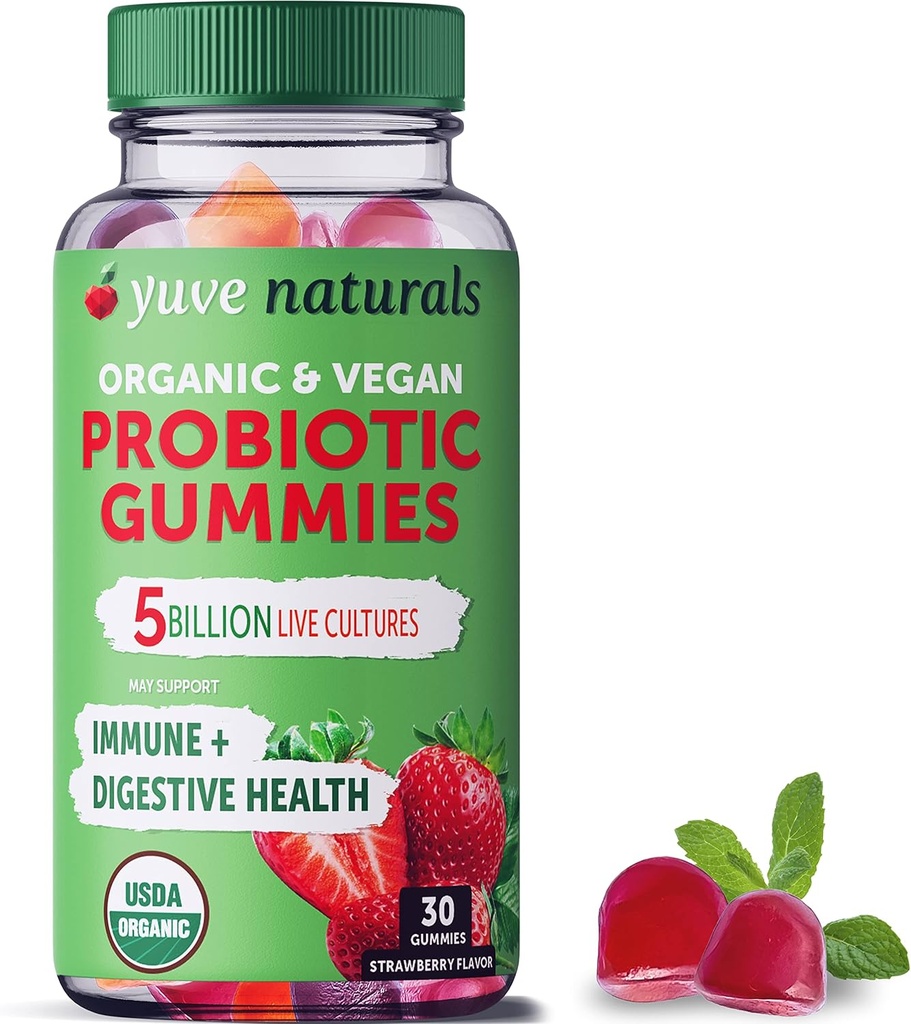 Yuve Vegan USDA Organic Probiotic Gummies - 5 Billion CFU - Promotes Digestive Health & Immunity - Helps with Constipation, Bloating, Detox, Leaky Gut & Gas Relief - Natural, Non-GMO, Gluten-Free 30ct 2