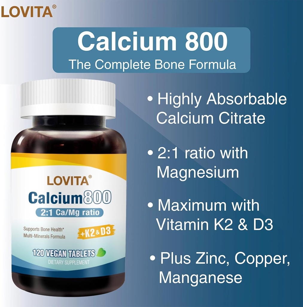 LOVITA Calcium Citrate 800 mg with Magnesium, Vitamin D3 & K2, Bone Strength & Density Supplement for Women & Men, Supports Teeth, Immune Health, Gluten Free, Non-GMO, 120 Vegan Tablets 3