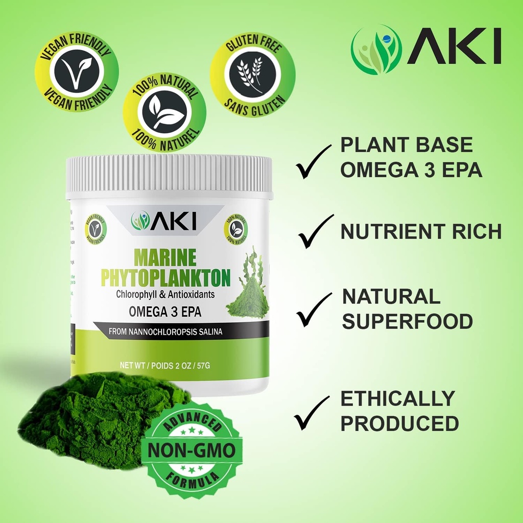 AKI Marine Phytoplankton Powder - Source of Raw Omega-3 EPA Micro Algae Nannochloropsis - Plant Based Proteins, Vitamins for Overall Wellness - Complete Protein Source, Vegan & GMO Free (2oz/57g) 5