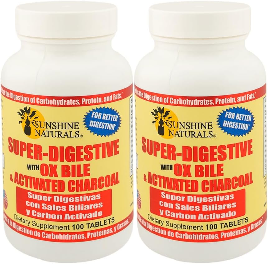 Sunshine Naturals Super Digestive Supplement. Ox Bile & Activated Charcoal for Digestive Support, Bloating Relief, Gut Cleanse, Nutrient Absorption, and Overall Wellness. 100 Tablets. Pack of 2 2