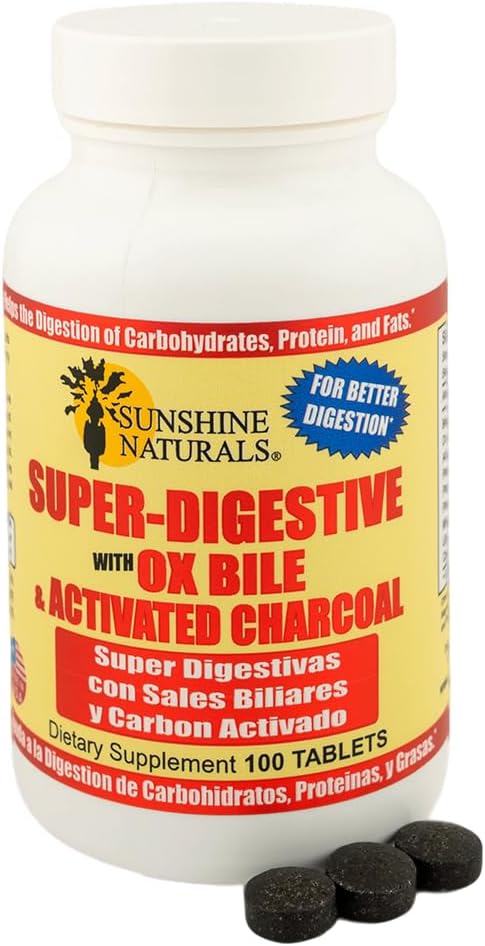Sunshine Naturals Super Digestive Supplement. Ox Bile & Activated Charcoal for Digestive Support, Bloating Relief, Gut Cleanse, Nutrient Absorption, and Overall Wellness. 100 Tablets. Pack of 2 6