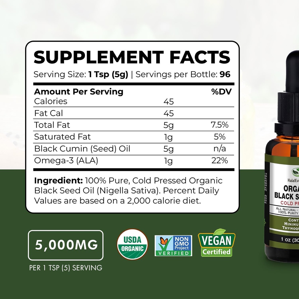 Organic Black Seed Oil - USDA Certified Cold Pressed Glass Bottle Over 1.5% Thymoquinone 3X strength Turkish Black Cumin Nigella Sativa non-GMO 100% Pure Blackseed Oil (1oz Glass Dropper Bottle) 3
