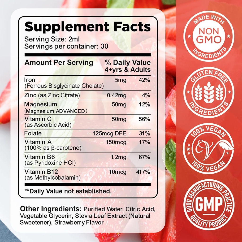 Liquid Iron Supplement for Kids & Women Men - with Magnesium, Zinc & Kids Multivitamin Iron Drops - Immune Support, Blood Builder & Energy Support for Iron Deficiency, Anemia, Vegan 2 Fl Oz 4