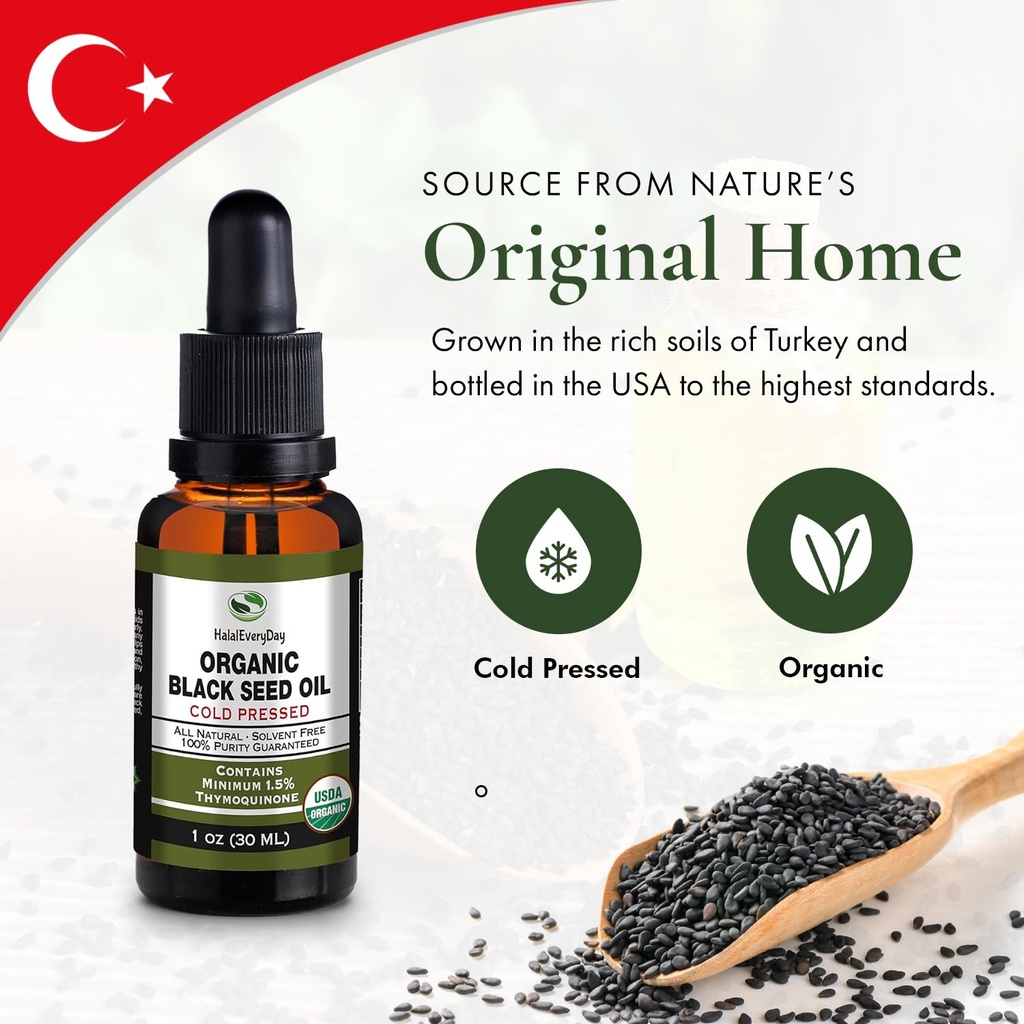 Organic Black Seed Oil - USDA Certified Cold Pressed Glass Bottle Over 1.5% Thymoquinone 3X strength Turkish Black Cumin Nigella Sativa non-GMO 100% Pure Blackseed Oil (1oz Glass Dropper Bottle) 6