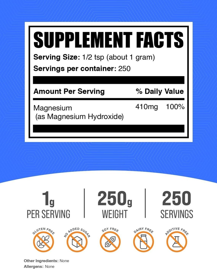 BulkSupplements.com Magnesium Hydroxide Powder - Magnesium Hydroxide Supplement - Food Grade & Gluten Free, 1g per Serving, 250g (8.8 oz) (Pack of 1) 3