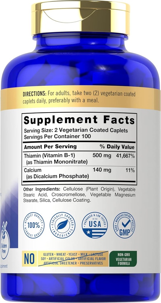 Carlyle Vitamin B1 500mg (Thiamine) | 200 Vegetarian Caplets | Non-GMO and Gluten Free Supplement 3