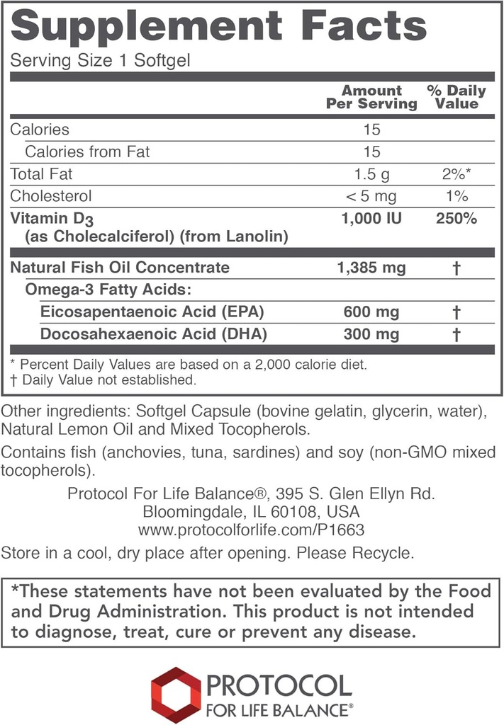 PROTOCOL FOR LIFE BALANCE Ultra Omega 3-D - 600mg EPA, 300mg DHA & 1,000 IU Vitamin D3 - Fish Oil for Brain Support - EPA DHA Omega Supplement - Non-GMO & Halal - 90 Softgels 3