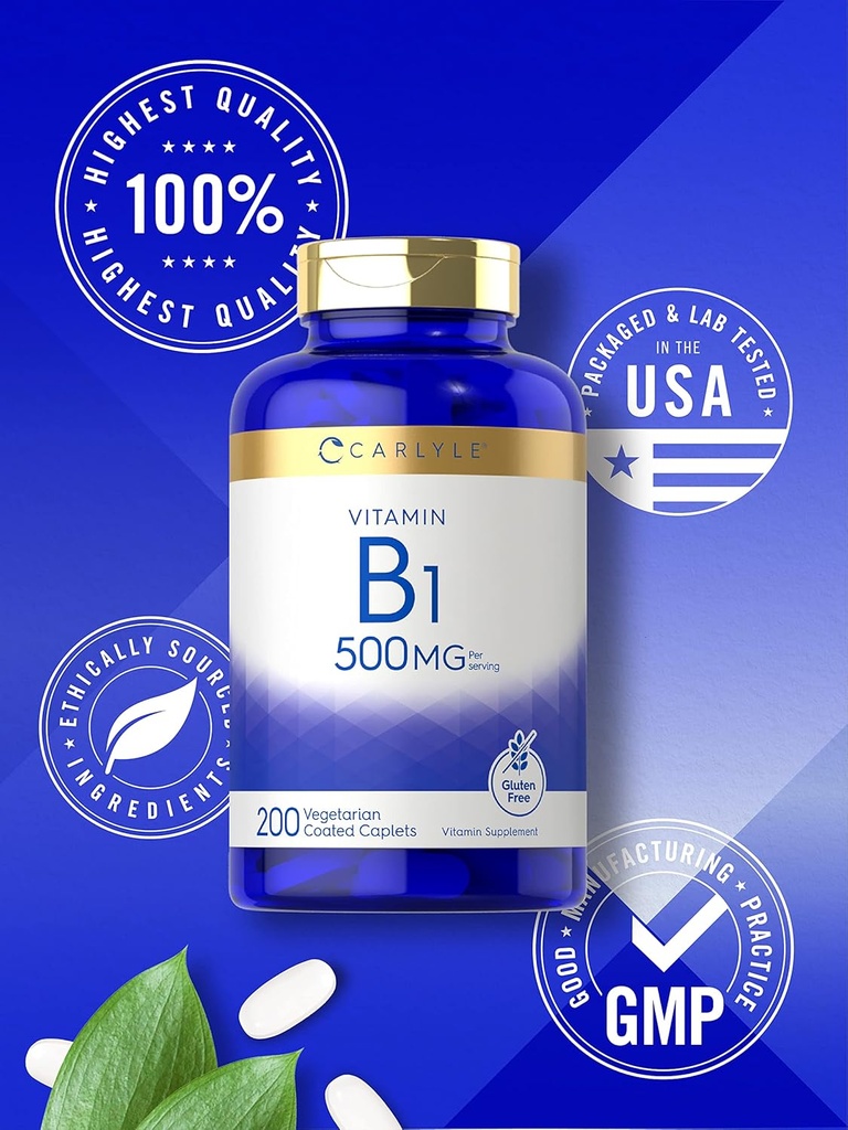 Carlyle Vitamin B1 500mg (Thiamine) | 200 Vegetarian Caplets | Non-GMO and Gluten Free Supplement 6