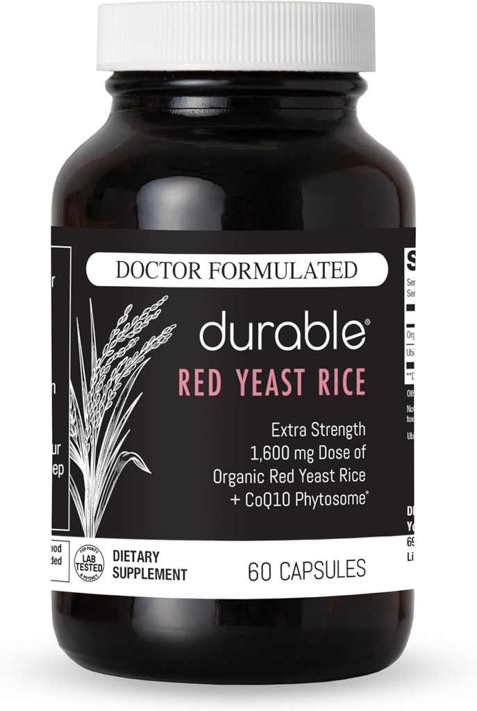 Durable RED Yeast Rice – Organic 1,600 mg Extra Strength + CoQ10 Phytosome – Supports Healthy Cholesterol, Heart, Lipids & Circulation – Doctor Formulated, Non-GMO, Vegan, Made in USA (60 Capsules). 2