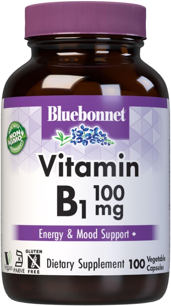 Bluebonnet Vitamin B1 100 mg - Mood Support & Energy Vitamins for Women & Men* - Thiamin HCl - Non-GMO, Vegan, Kosher, Gluten-Free - Soy & Dairy-Free - 100 Vegetable Capsules, 100 Day Supply 2