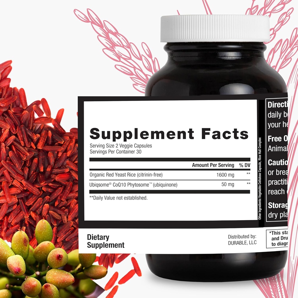 Durable RED Yeast Rice – Organic 1,600 mg Extra Strength + CoQ10 Phytosome – Supports Healthy Cholesterol, Heart, Lipids & Circulation – Doctor Formulated, Non-GMO, Vegan, Made in USA (60 Capsules). 6