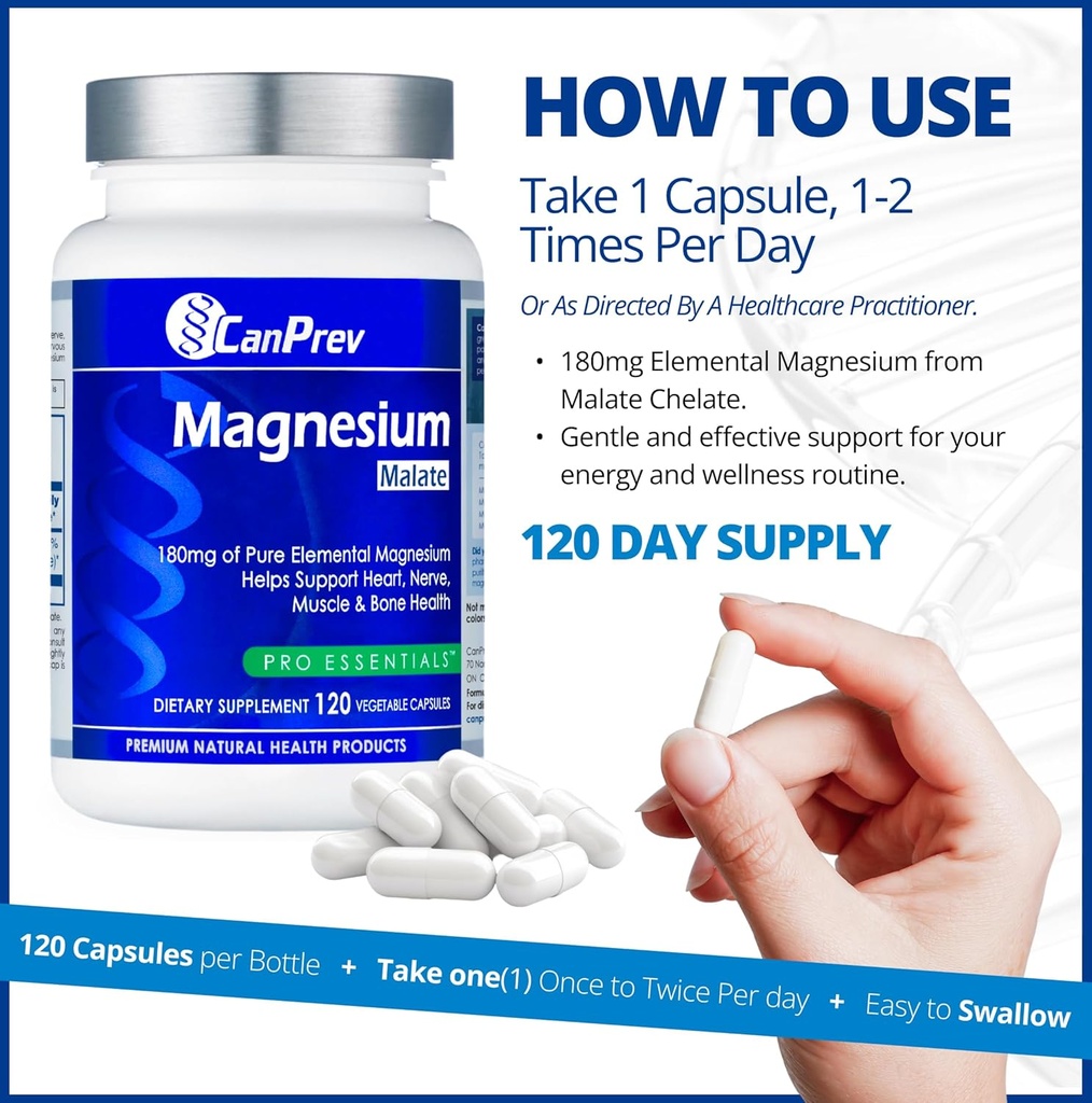 CanPrev Magnesium Malate, 120 Veg Caps, 120-Day Supply, 180mg Elemental Magnesium & 540mg Malic Acid, Vegan & Non-GMO, Supports Relaxation, Energy, Muscle Function, Bone Strength & Overall Well-Being 6