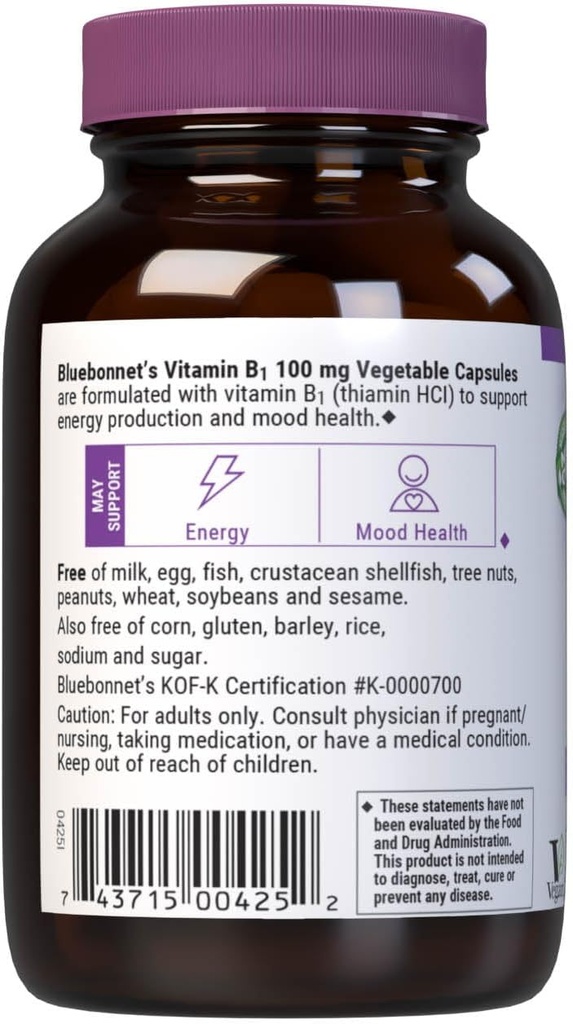 Bluebonnet Vitamin B1 100 mg - Mood Support & Energy Vitamins for Women & Men* - Thiamin HCl - Non-GMO, Vegan, Kosher, Gluten-Free - Soy & Dairy-Free - 100 Vegetable Capsules, 100 Day Supply 4