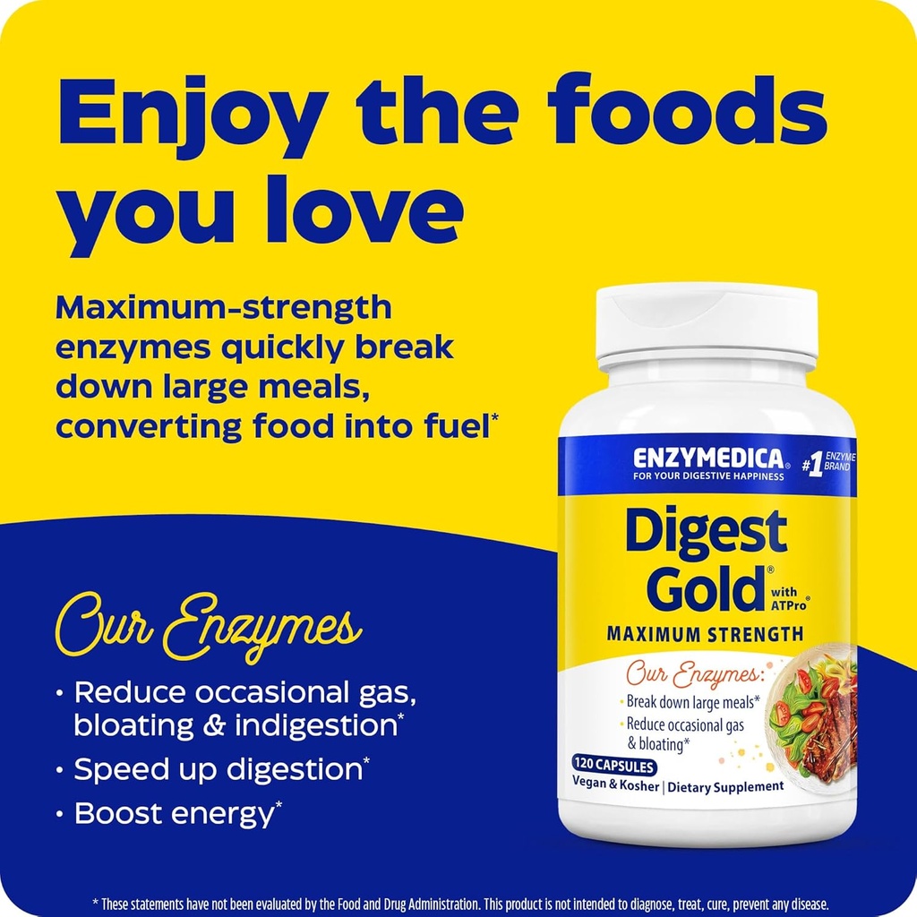 Enzymedica Digest Gold + ATPro, Maximum Strength Enzyme Formula, Prevents Bloating and Gas, 14 Key Enzymes Including Amylase, Protease, Lipase and Lactase, 120 Capsules 4