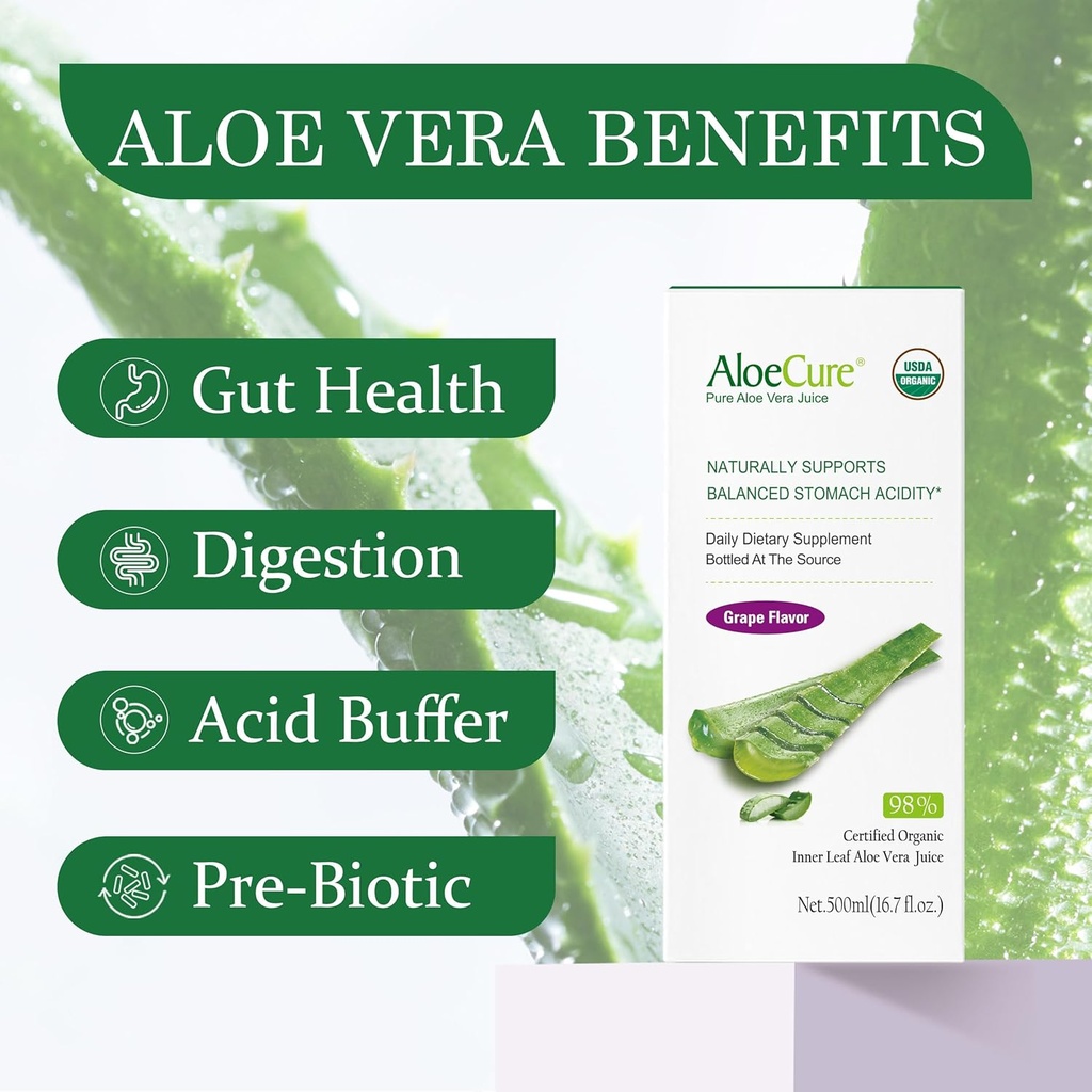 AloeCure USDA Organic Aloe Vera Juice Grape Flavor, Made Within 12 Hours of Harvest - Pure Aloe Vera Digestive & Immune Health Supplement, Helps Maintain Balanced Stomach Acidity, 16.7oz x 2 Btls 3