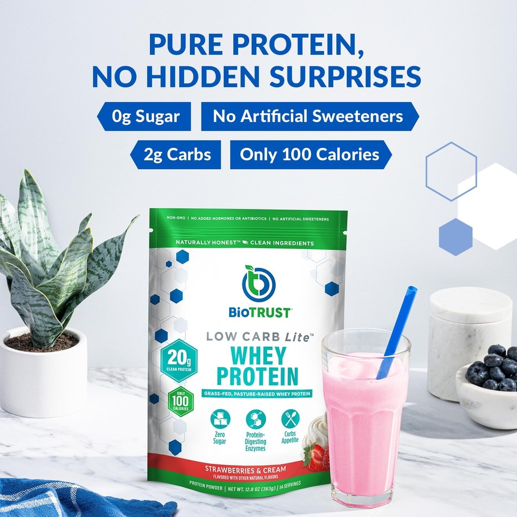 BioTrust Low Carb Lite, 20 Grams of Grass-Fed Whey Protein Isolate, 100 Calories, ProHydrolase Digestive Enzymes, Non-GMO, Free from Soy and Gluten, rBGH-Free (14 Servings) (Strawberries and Cream) 5