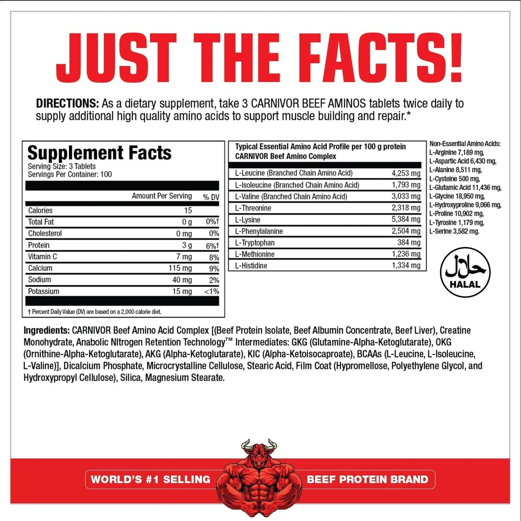 MuscleMeds Carnivor Beef Aminos, Beef Protein Isolate, Beef Liver, Beef Albumin, Creatine, BCAAs for Recovery and Muscle Growth, 300 Tablets 3