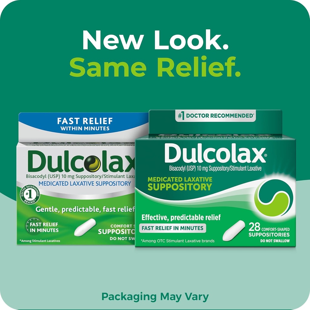 Dulcolax Stimulant Laxative Medicated Suppositories, Predictable & Effective Constipation Relief, Bisacodyl 10 mg, 28 Count, Stimulant Laxatives 3