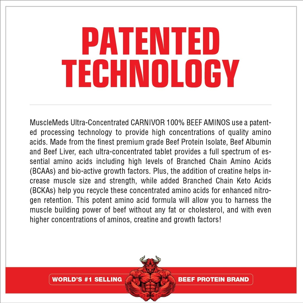 MuscleMeds Carnivor Beef Aminos, Beef Protein Isolate, Beef Liver, Beef Albumin, Creatine, BCAAs for Recovery and Muscle Growth, 300 Tablets 4