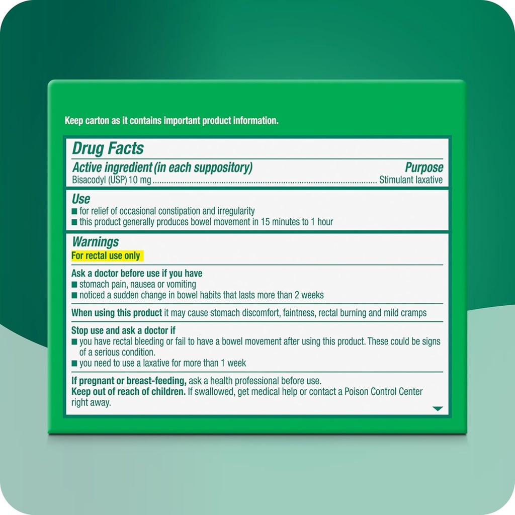 Dulcolax Stimulant Laxative Medicated Suppositories, Predictable & Effective Constipation Relief, Bisacodyl 10 mg, 28 Count, Stimulant Laxatives 4