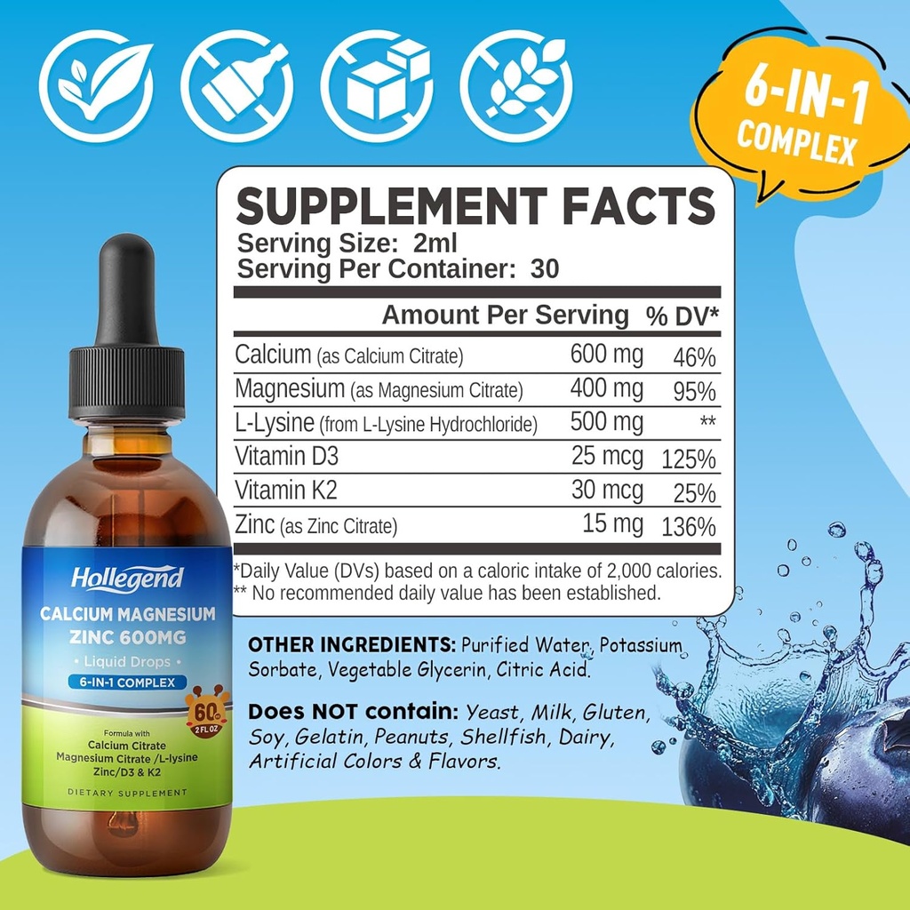 Liquid Calcium Citrate Drops with L-Lysine 500mg, Magnesium & Zinc, Calcium Citrate 600mg Supplement with Vitamin D3 & K2 for Kids & Adults, 2 Fl Oz 3
